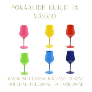 Personaliseeritavate pokaalide värvid ja kujud. Roosa pokaal, kollane pokaal, punane pokaal, roheline pokaal, helesinine pokaal, tumesinine pokaal