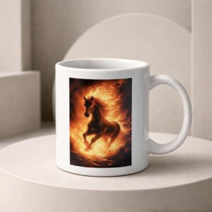 Tulihobuse kruus on kahelt poolt sama tulihobuse pildiga ning soovikorral lisame ka nime.